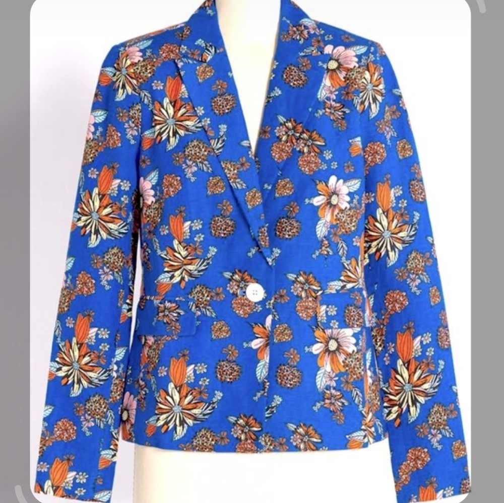 Modcloth Linen Floral Blue Blazer